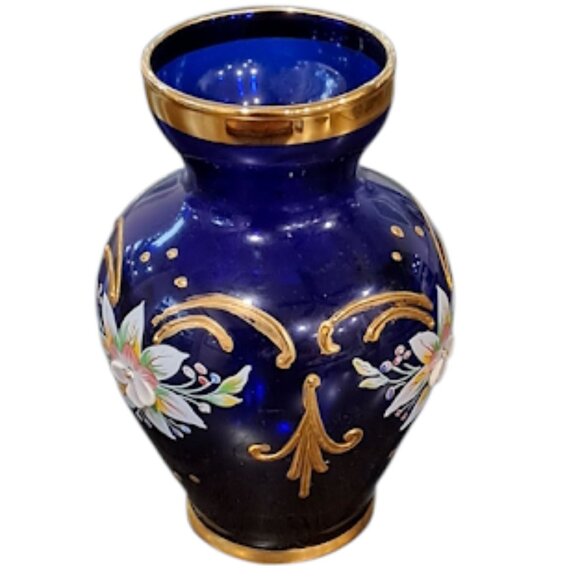 Vintage Mini Cobalt Blue Glass Vase, Gold Trim, 3D Hand painted Floral Design - Picture 2 of 10